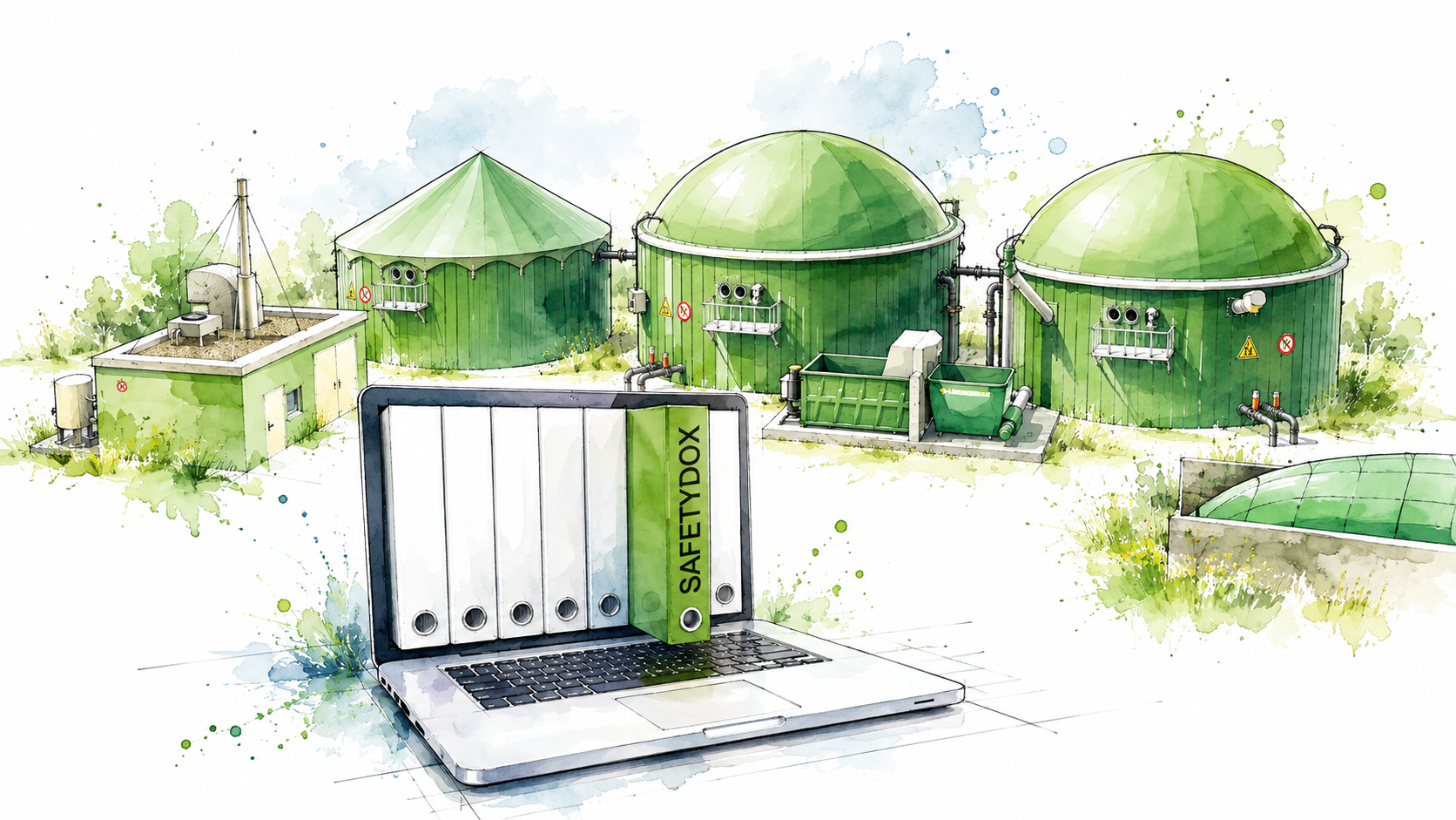 Aquarell einer Biogasanlage mit Laptop und digitalen Dokumentenordnern