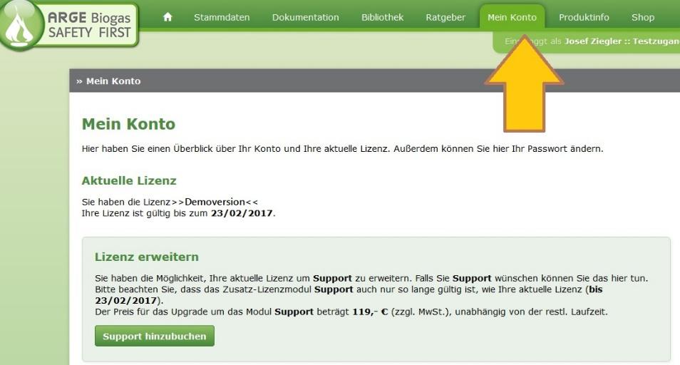 Einblick in die Registrierung der Testlizenz